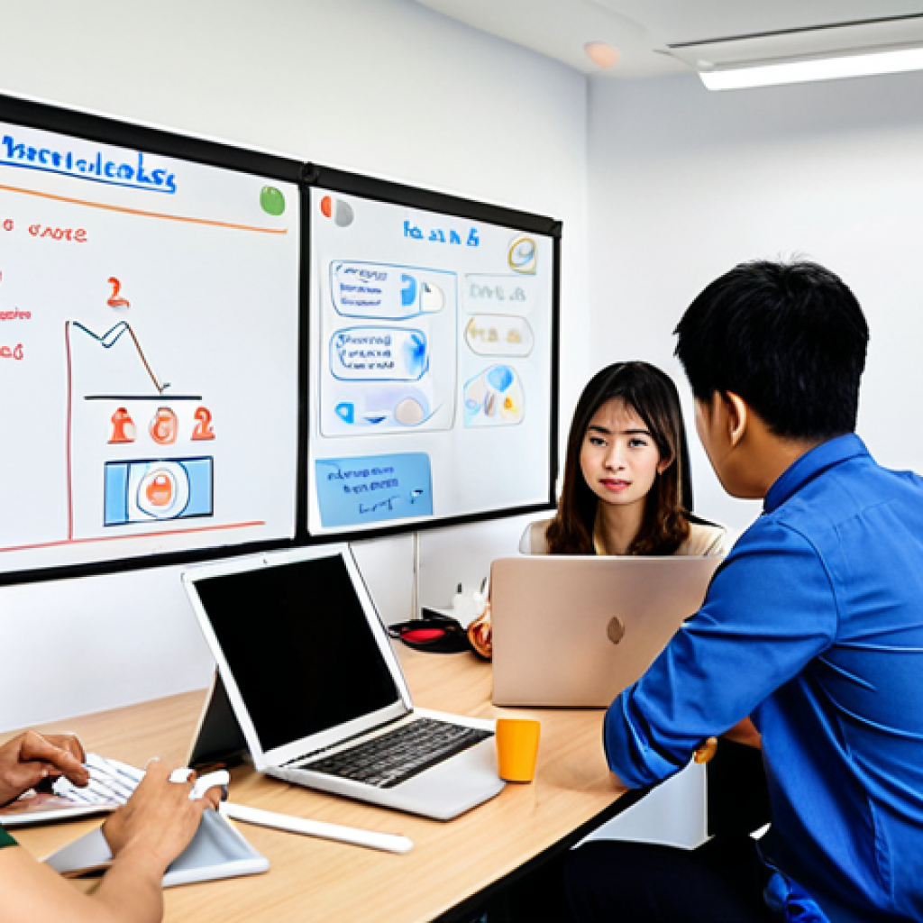 A diverse group of Vietnamese professionals collaborating in a modern, eco-friendly office. Some are brainstorming ideas on a whiteboard, while others are using laptops and tablets. Focus on showcasing teamwork, creative problem-solving, and the use of technology. The overall atmosphere should be positive and forward-thinking, emphasizing that automation is not a threat but an ally. Include subtle visual cues of Vietnamese culture, like traditional artwork or plants.