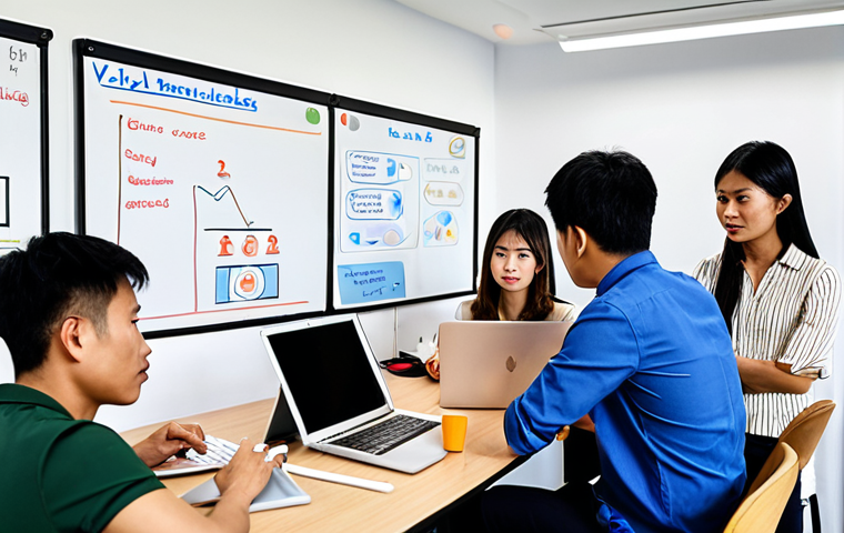 A diverse group of Vietnamese professionals collaborating in a modern, eco-friendly office. Some are brainstorming ideas on a whiteboard, while others are using laptops and tablets. Focus on showcasing teamwork, creative problem-solving, and the use of technology. The overall atmosphere should be positive and forward-thinking, emphasizing that automation is not a threat but an ally. Include subtle visual cues of Vietnamese culture, like traditional artwork or plants.