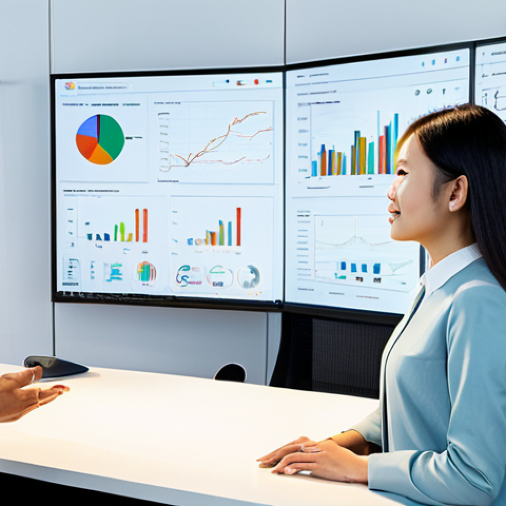 A diverse group of Vietnamese professionals, fully clothed in modest business attire, collaborating harmoniously with advanced technology in a modern, brightly lit open-plan office. One professional interacts with a large interactive screen displaying intricate data visualizations, while another observes a small, collaborative robot assisting with a task. A third professional engages in a thoughtful discussion with a colleague, emphasizing human problem-solving and creativity. The atmosphere is innovative and collaborative. perfect anatomy, correct proportions, natural poses, well-formed hands, proper finger count, natural body proportions, professional photography, high resolution, soft studio lighting, safe for work, appropriate content, fully clothed, professional, family-friendly.