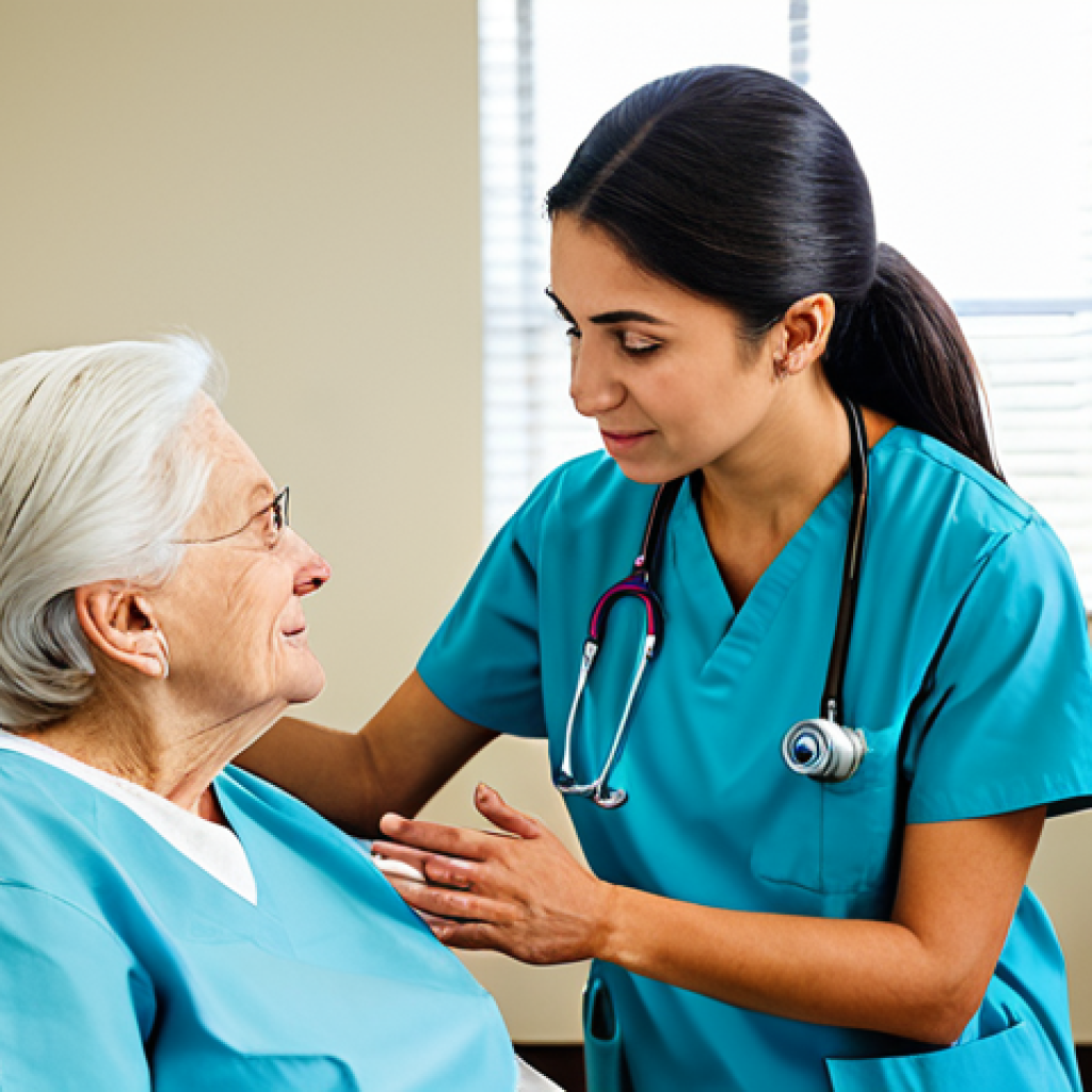 A compassionate female healthcare professional in modest medical scrubs, fully clothed, gently listening to an elderly patient in a clean, brightly lit hospital room. The scene features soft, natural lighting, and a comfortable, sterile environment. professional photography, natural body proportions, perfect anatomy, correct proportions, well-formed hands, proper finger count, natural pose, high quality, safe for work, appropriate content, modest, family-friendly.