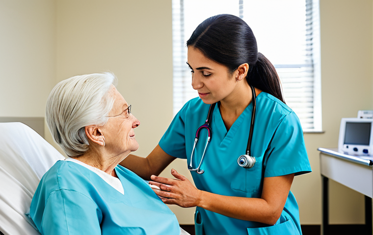 A compassionate female healthcare professional in modest medical scrubs, fully clothed, gently listening to an elderly patient in a clean, brightly lit hospital room. The scene features soft, natural lighting, and a comfortable, sterile environment. professional photography, natural body proportions, perfect anatomy, correct proportions, well-formed hands, proper finger count, natural pose, high quality, safe for work, appropriate content, modest, family-friendly.
