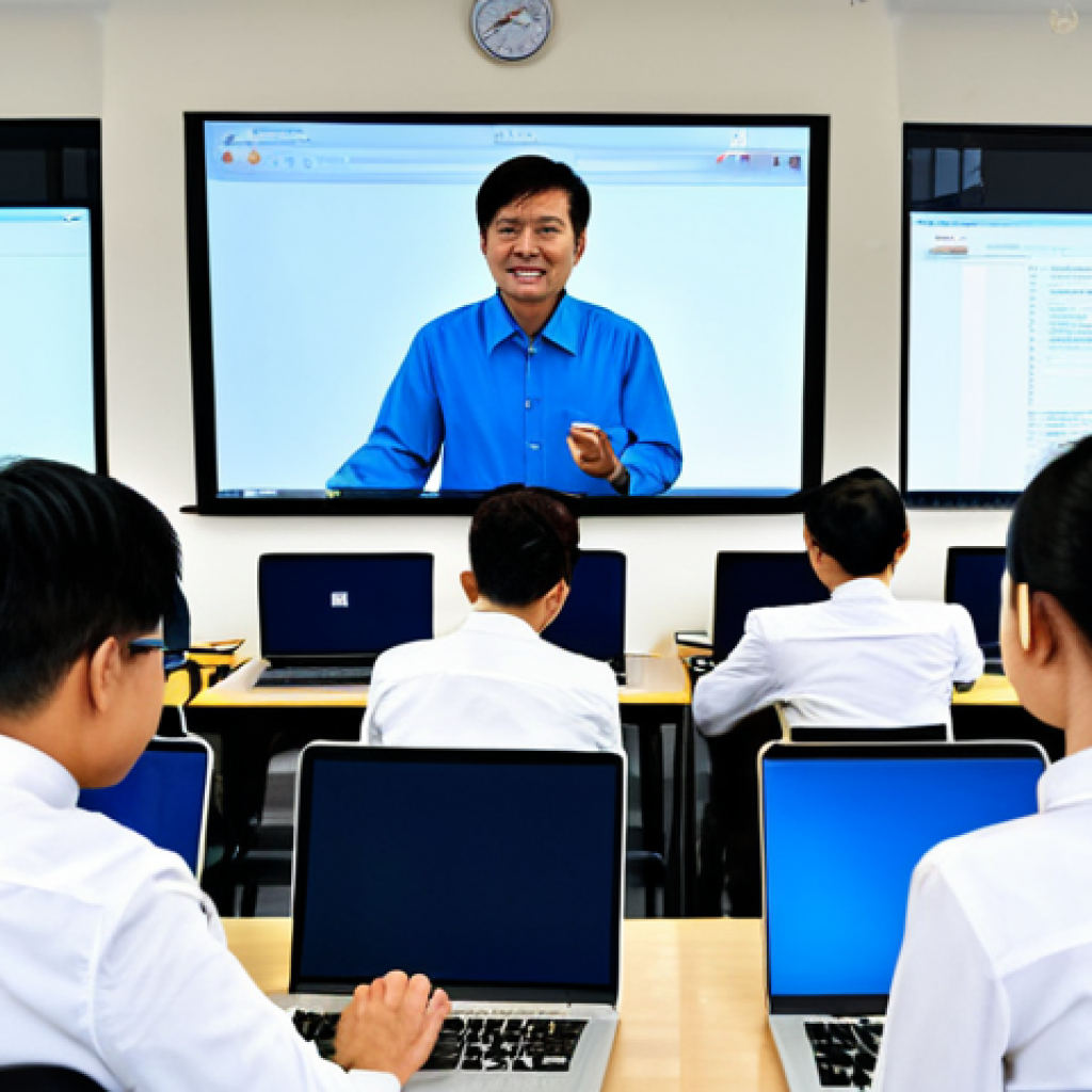 A diverse group of Vietnamese adult learners, fully clothed in modest, professional attire, actively participating in a modern technology training classroom. They are focused on laptops and a large screen displaying coding concepts, with an instructor providing guidance. The classroom is bright and contemporary, symbolizing learning and growth. safe for work, appropriate content, fully clothed, professional, perfect anatomy, correct proportions, natural pose, well-formed hands, proper finger count, natural body proportions, high quality, professional photography, studio lighting.