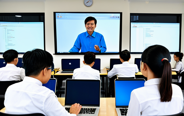 A diverse group of Vietnamese adult learners, fully clothed in modest, professional attire, actively participating in a modern technology training classroom. They are focused on laptops and a large screen displaying coding concepts, with an instructor providing guidance. The classroom is bright and contemporary, symbolizing learning and growth. safe for work, appropriate content, fully clothed, professional, perfect anatomy, correct proportions, natural pose, well-formed hands, proper finger count, natural body proportions, high quality, professional photography, studio lighting.