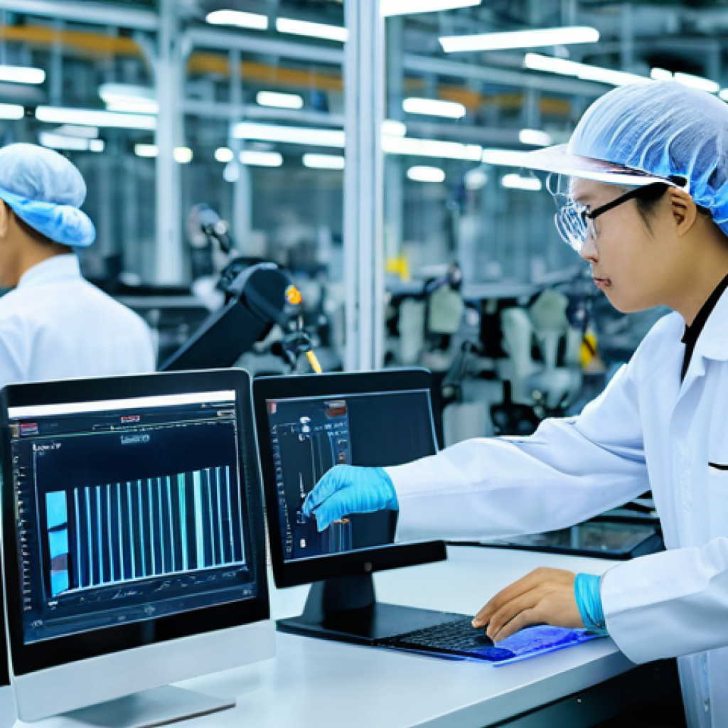 작업 자동화와 불안정한 고용의 상관관계 - **Prompt:** A dynamic scene inside a cutting-edge electronics manufacturing facility in Binh Duong, ...