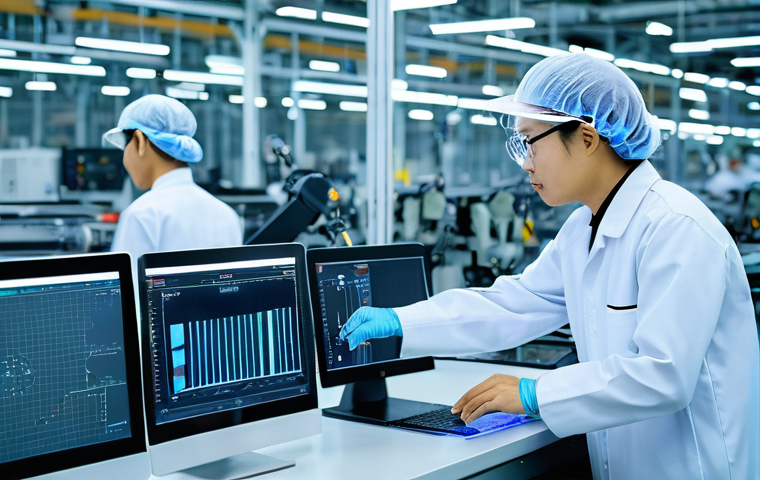 작업 자동화와 불안정한 고용의 상관관계 - **Prompt:** A dynamic scene inside a cutting-edge electronics manufacturing facility in Binh Duong, ...