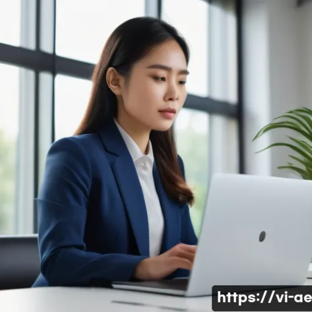 작업 자동화를 통한 생산성 향상 전략 - A young Vietnamese female professional, wearing a stylish business casual outfit, sits at a clean, m...