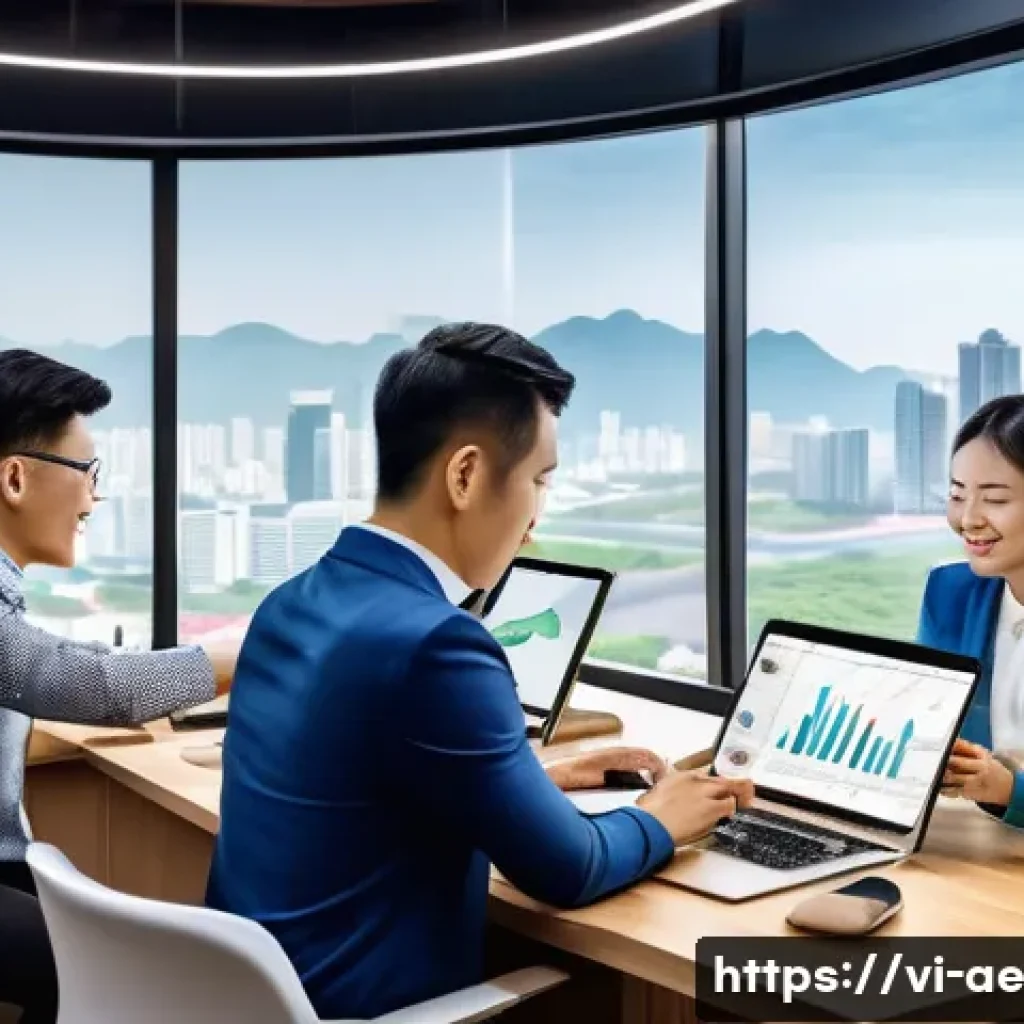 자동화 도구의 선택 기준 - A modern Vietnamese office scene showing a diverse team of professionals collaborating around a larg...
