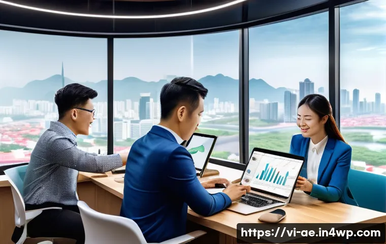 자동화 도구의 선택 기준 - A modern Vietnamese office scene showing a diverse team of professionals collaborating around a larg...