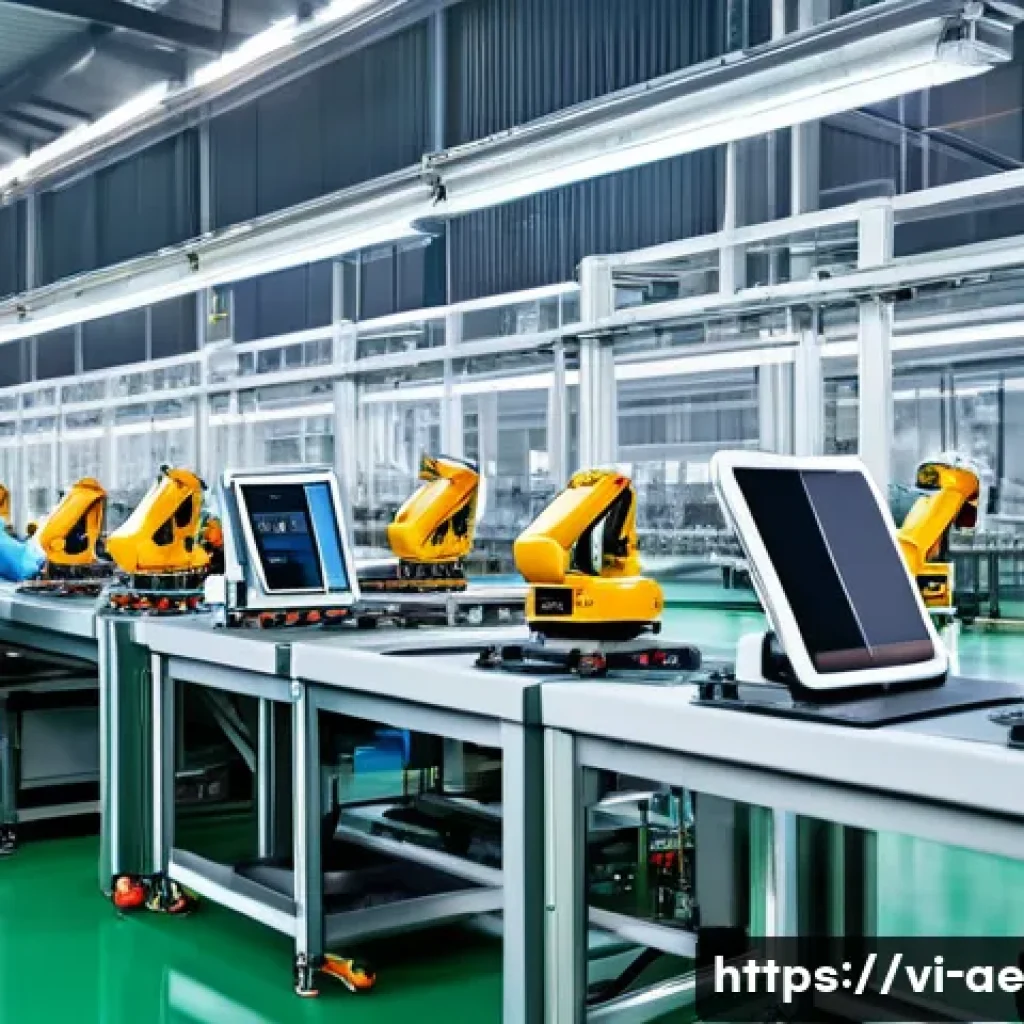 자동화의 발전이 가져올 변화 - A modern Vietnamese factory interior showing automated robotic arms assembling electronic devices on...