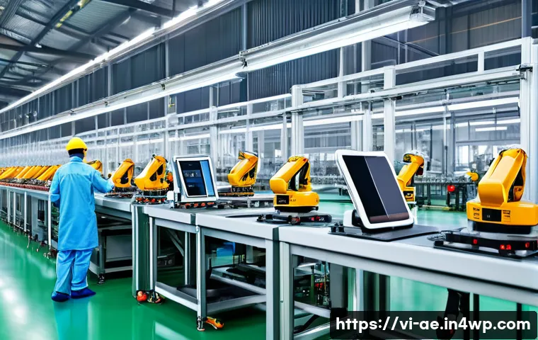 자동화의 발전이 가져올 변화 - A modern Vietnamese factory interior showing automated robotic arms assembling electronic devices on...