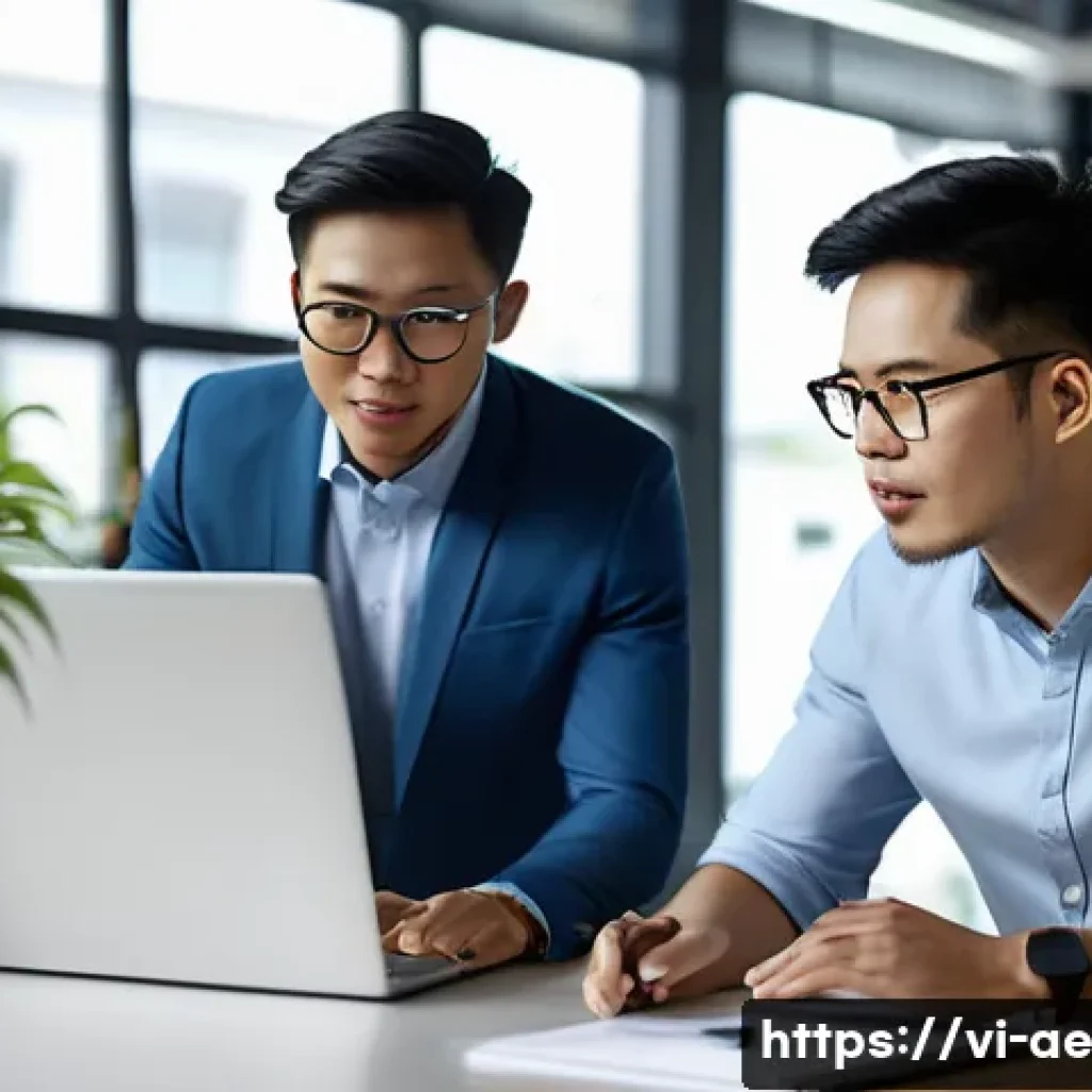 작업 자동화 시대의 리더십 변화 - A modern Vietnamese office setting with a diverse group of young professionals collaborating around ...