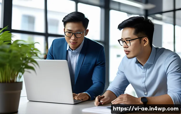 작업 자동화 시대의 리더십 변화 - A modern Vietnamese office setting with a diverse group of young professionals collaborating around ...