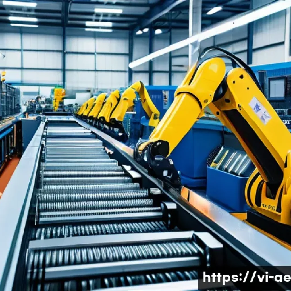 작업 자동화와 환경적 영향 분석 - A detailed industrial scene inside a modern Vietnamese factory featuring automated robotic arms and ...