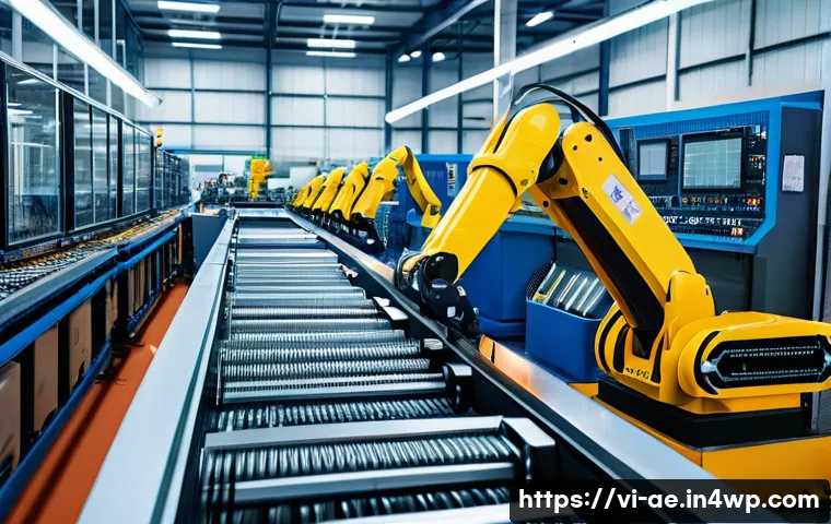 작업 자동화와 환경적 영향 분석 - A detailed industrial scene inside a modern Vietnamese factory featuring automated robotic arms and ...