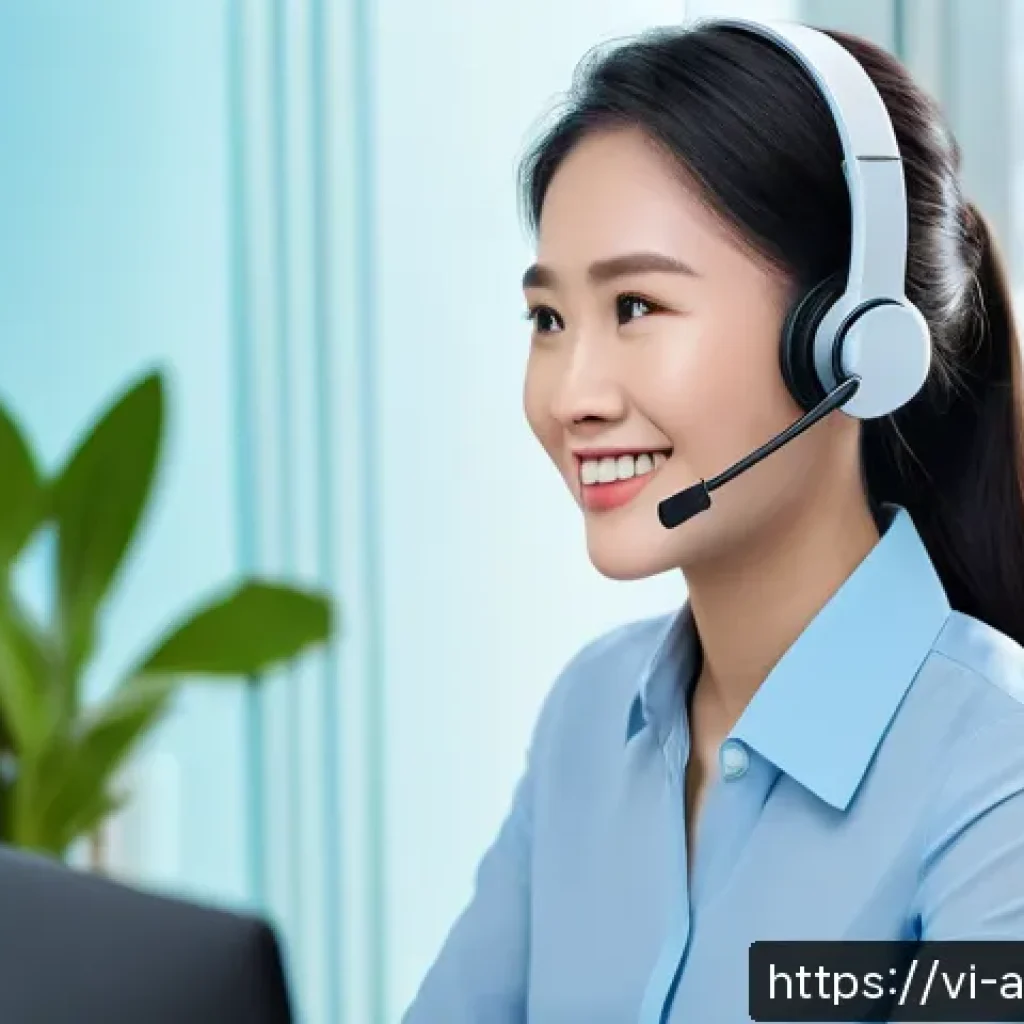 인간의 감정적 필요와 자동화의 조화 - A modern customer service scene in a Vietnamese office setting, featuring a professional woman inter...
