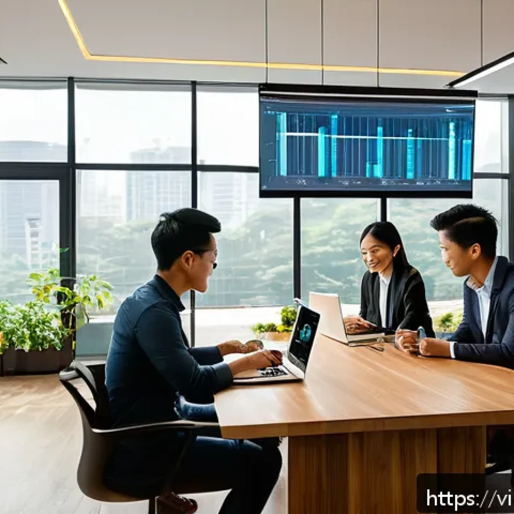 작업 자동화의 효과를 극대화하는 방법 - A modern Vietnamese office setting with diverse young professionals collaborating around a large woo...