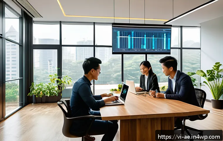 작업 자동화의 효과를 극대화하는 방법 - A modern Vietnamese office setting with diverse young professionals collaborating around a large woo...