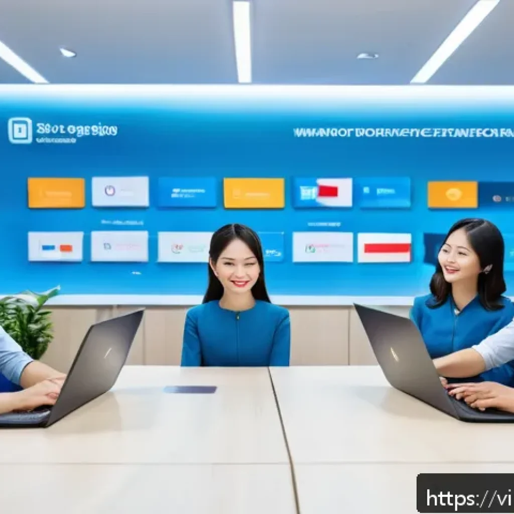 작업 자동화의 동향 및 최신 기술 - A modern Vietnamese customer service center featuring a diverse team of professionals using advanced...