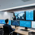 Home 20 작업 자동화와 인공지능의 관계 - A modern Vietnamese office setting with diverse professionals collaborating around a large digital s...