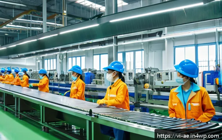 자동화가 사회적 불평등에 미치는 영향 - A modern Vietnamese factory interior showcasing advanced automation technology, with diverse workers...