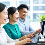 Home 17 직원 복지와 자동화의 균형 맞추기 - A modern Vietnamese office scene showcasing a diverse group of young and middle-aged employees engag...