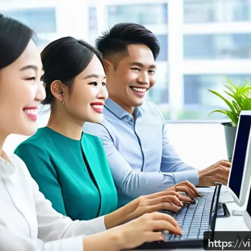 Home 29 직원 복지와 자동화의 균형 맞추기 - A modern Vietnamese office scene showcasing a diverse group of young and middle-aged employees engag...