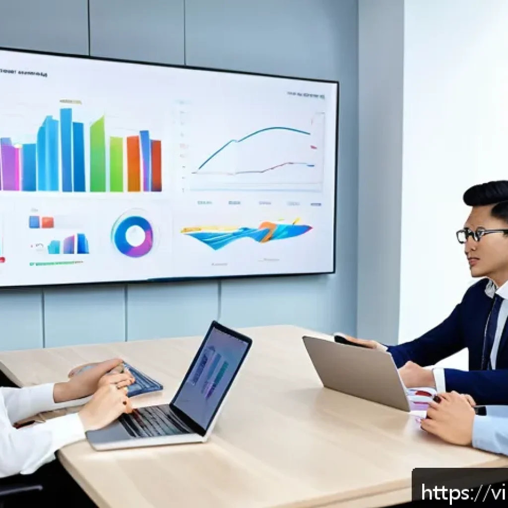 자동화 도입 후 성과 평가 기준 설정하기 - An office setting in Vietnam with a diverse team of employees using AI-powered software on computers...